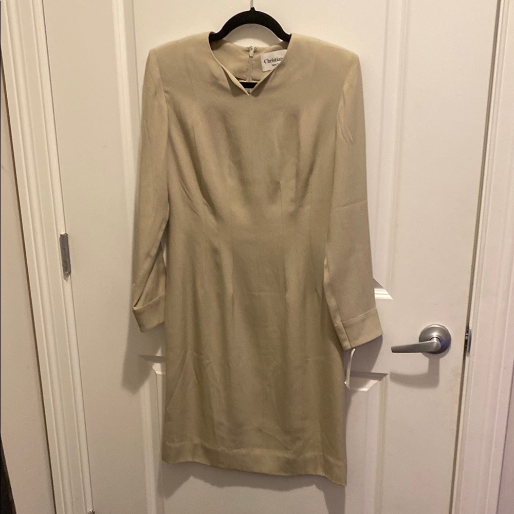 Tan Long Sleeve Sheath Dress with Mock Neck
